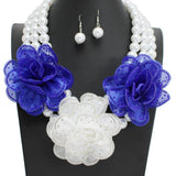 108858, TRIPLE BLING FABRIC FLOWER ACCENT WITH PEARL STRAND NECKLACE