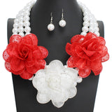 108858, TRIPLE BLING FABRIC FLOWER ACCENT WITH PEARL STRAND NECKLACE