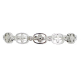 108896, FLORAL CLOVER RHINESTONE ACCENT STAINLESS STEEL OPEN BANGLE BRACELET