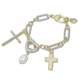 108904, 14K GOLD PLATED CROSS HEART FRESHWATER PEARL CHARM DESIGNER INSPIRED BRACELET