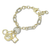 108905, 14K GOLD PLATED MOTHER OF PEARL CLOVER GEOMETRIC CUBIC ZIRCONIA ACCENT CHARM DESIGNER INSPIRED BRACELET