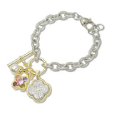 108906, 14K GOLD PLATED CLOVER CUBIC ZIRCONIA ACCENT CHARM DESIGNER INSPIRED BRACELET