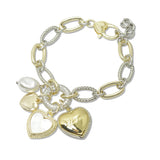 108907, 14K GOLD PLATED LOVE HEART MOTHER OF PEARL CUBIC ZIROCNIA ACCENT CHARM DESIGNER INSPIRED BRACELET