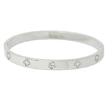 108937, CLOVER ENGRAVED RHINESTONE ACCENT STAINLESS STEEL BANGLE BRACELET