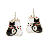 108955, CHRISTMAS THEME RHINESTONE ENAMEL WHITE BLACK CAT DANGLE EARRING