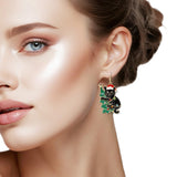 108959, CHRISTMAS THEME RHINESTONE ENAMEL BLACK CAT DANGLE EARRING