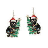 108959, CHRISTMAS THEME RHINESTONE ENAMEL BLACK CAT DANGLE EARRING