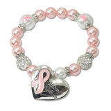 108984, ALWAYS BELIEVE PINK RIBBON HEART PEARL STRETCH BRACELET