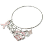 108986, BELIEVE PAVE HEART COURAGE HOPE PINK RIBBON MULTI CHARM BRACELET