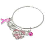 108986, BELIEVE PAVE HEART COURAGE HOPE PINK RIBBON MULTI CHARM BRACELET