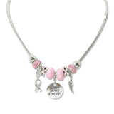 109006, NEVER NEVER GIVE UP HOPE PINK RIBBON ANGEL WING CHARM BEADED NECKLACE