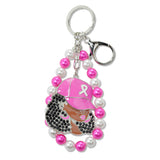 109007, PINK RIBBON HAT LADY ENAMEL PAVE RHINESTONE KEYCHAIN WITH PEARL STRETCH BRACELET