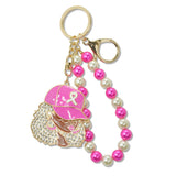 109007, PINK RIBBON HAT LADY ENAMEL PAVE RHINESTONE KEYCHAIN WITH PEARL STRETCH BRACELET