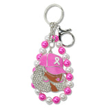 109007, PINK RIBBON HAT LADY ENAMEL PAVE RHINESTONE KEYCHAIN WITH PEARL STRETCH BRACELET
