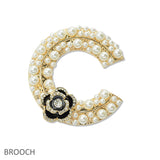 109009, ROSE FLOWER ACCENT PEARL C SHAPED BROOCH PIN