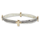 109017, HAMMERED CROSS ACCENT TEXTURED METAL STRETCH BRACELET