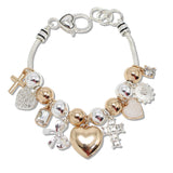 109022, HEART RIBBON HEART CROSS MULTI CHARM BRACELET