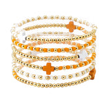 109029, GAME DAY CROSS ACCENT MULTI LAYERED BALL BEADED STRETCH BRACELET