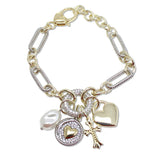 109065, 14K GOLD PLATED CROSS HEART FRESHWATER PEARL CUBIC ZIRCONIA CHARM DESIGNER INSPIRED BRACELET