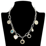 109068, 14K GOLD PLATED COMPASS HEART CUBIC ZIRCONIA MULTI CHARM DESIGNER INSPIRED NECKLACE