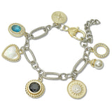 109069, 14K GOLD PLATED COMPASS HEART CUBIC ZIRCONIA MULTI CHARM DESIGNER INSPIRED BRACELET