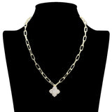 109071, 14K GOLD PLATED PAVE CUBIC ZIRCONIA CLOVER DESIGNER INSPIRED PENDANT NECKLACE