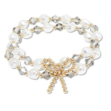 109084, BOW ACCENT GLASS BEAD FRESHWATER PEARL MULTI LAYERED STRETCH BRACELET