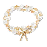 109084, BOW ACCENT GLASS BEAD FRESHWATER PEARL MULTI LAYERED STRETCH BRACELET