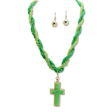 109100, BRAIDED SEED BEADED NECKLACE WITH CROSS PENDANT