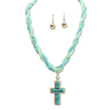 109100, BRAIDED SEED BEADED NECKLACE WITH CROSS PENDANT