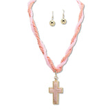 109100, BRAIDED SEED BEADED NECKLACE WITH CROSS PENDANT