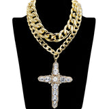 109111, OVERSIZED RHINESTONE CROSS CHUNKY DOUBLE LAYER CHAIN NECKLACE