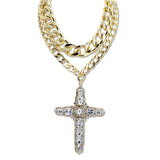 109111, OVERSIZED RHINESTONE CROSS CHUNKY DOUBLE LAYER CHAIN NECKLACE