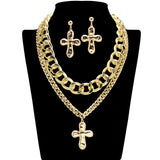 109118, CHUNKY DOUBLE LAYERED CHAIN NECKLACE WITH HAMMERED CROSS PENDANT