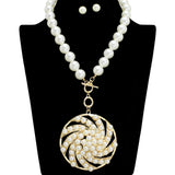 109131, BOLD PEARL STRAND SWIRL MEDALLION PENDANT NECKLACE