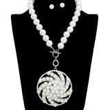 109131, BOLD PEARL STRAND SWIRL MEDALLION PENDANT NECKLACE