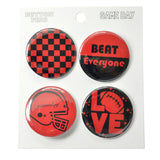 109146, GAME DAY CHECKER PRINT BEAT EVERYONE FOOTBALL 4 PIECES BUTTON PIN SET