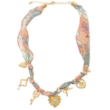 109162, FLORAL FABRIC HEART KEY BOW CLOVER CHARMS SCARF NECKLACE