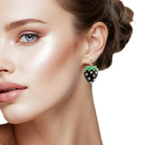 109220, 14K GOLD PLATED BLACK STRAWBERRY ENAMEL CUBIC ZIRCONIA ACCENT STATEMENT EARRING