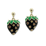 109220, 14K GOLD PLATED BLACK STRAWBERRY ENAMEL CUBIC ZIRCONIA ACCENT STATEMENT EARRING