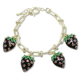 109221, 14K GOLD PLATED BLACK STRAWBERRY ENAMEL CUBIC ZIRCONIA ACCENT CHARMS BRACELET