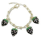109221, 14K GOLD PLATED BLACK STRAWBERRY ENAMEL CUBIC ZIRCONIA ACCENT CHARMS BRACELET