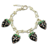 109221, 14K GOLD PLATED BLACK STRAWBERRY ENAMEL CUBIC ZIRCONIA ACCENT CHARMS BRACELET