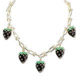 109222, 14K GOLD PLATED BLACK STRAWBERRY ENAMEL CUBIC ZIRCONIA ACCENT CHARMS NECKLACE
