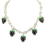 109222, 14K GOLD PLATED BLACK STRAWBERRY ENAMEL CUBIC ZIRCONIA ACCENT CHARMS NECKLACE