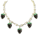 109222, 14K GOLD PLATED BLACK STRAWBERRY ENAMEL CUBIC ZIRCONIA ACCENT CHARMS NECKLACE