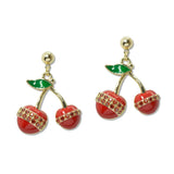 109223, 14K GOLD PLATED ENAMEL CUBIC ZIRCONIA ACCENT CHERRY DESIGNER INSPIRED EARRING