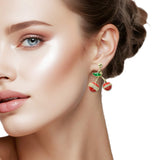 109223, 14K GOLD PLATED ENAMEL CUBIC ZIRCONIA ACCENT CHERRY DESIGNER INSPIRED EARRING