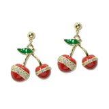 109223, 14K GOLD PLATED ENAMEL CUBIC ZIRCONIA ACCENT CHERRY DESIGNER INSPIRED EARRING