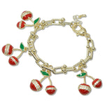 109224, 14K GOLD PLATED ENAMEL CUBIC ZIRCONIA ACCENT CHERRY CHARMS DESIGNER INSPIRED BRACELET